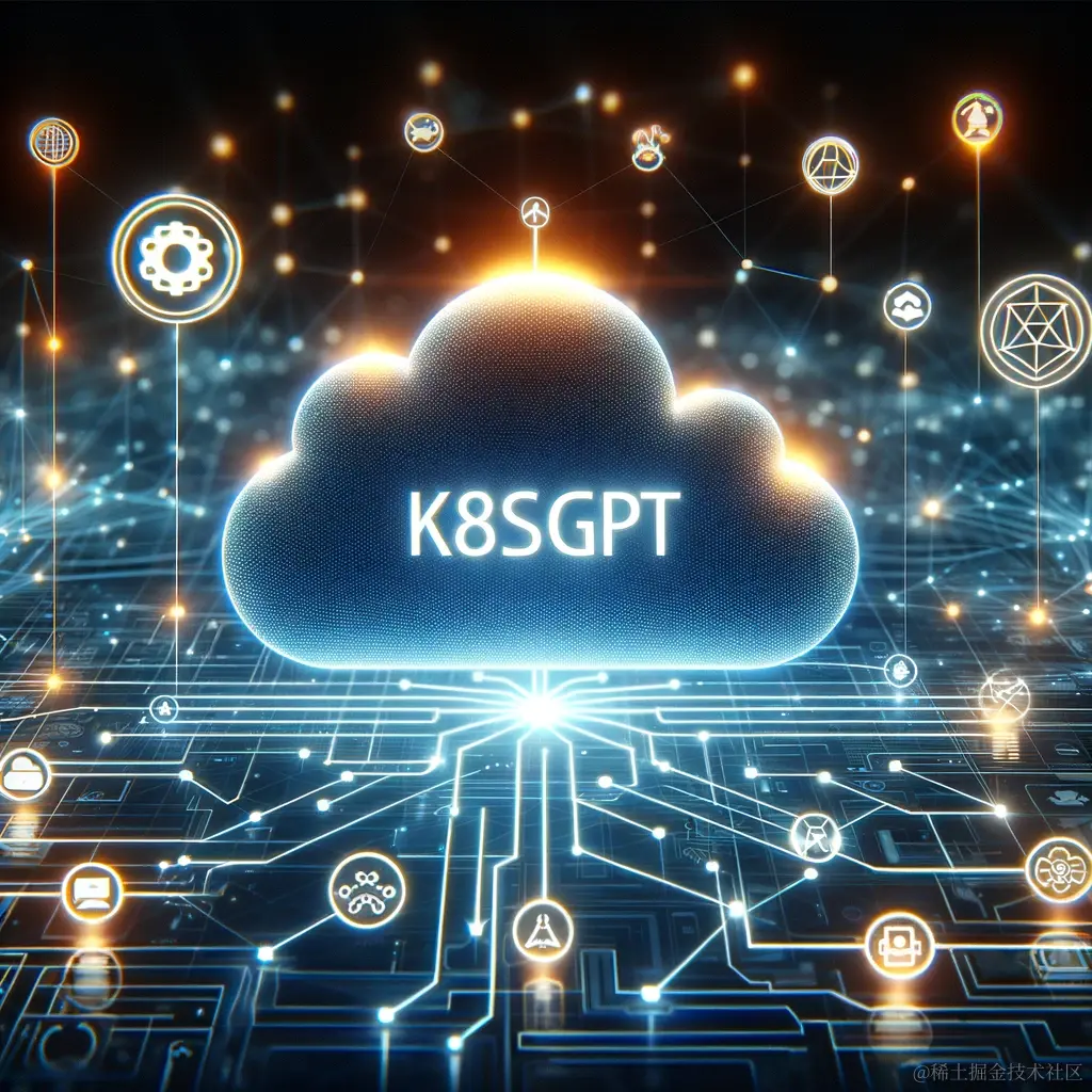 DALL·E 2024-01-07 22.25.20 - A futuristic, digital illustration of a cloud with 'K8sGPT' written across it, surrounded by small symbols representing artificial intelligence, Kuber.png