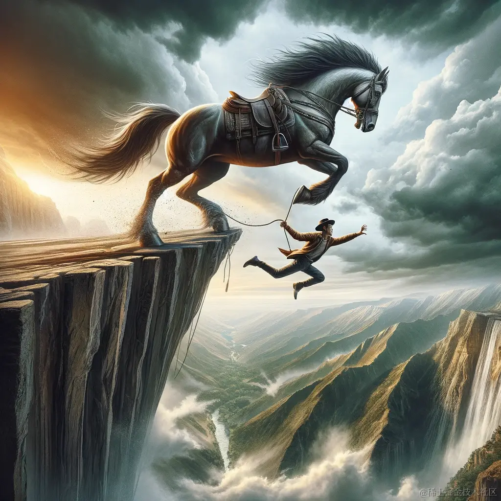 DALL·E 2024-01-15 15.26.55 - A suspenseful and dynamic interpretation of the Chinese idiom '悬崖勒马', which translates to 'Pulling back the horse at the edge of the cliff'. Visualize.png