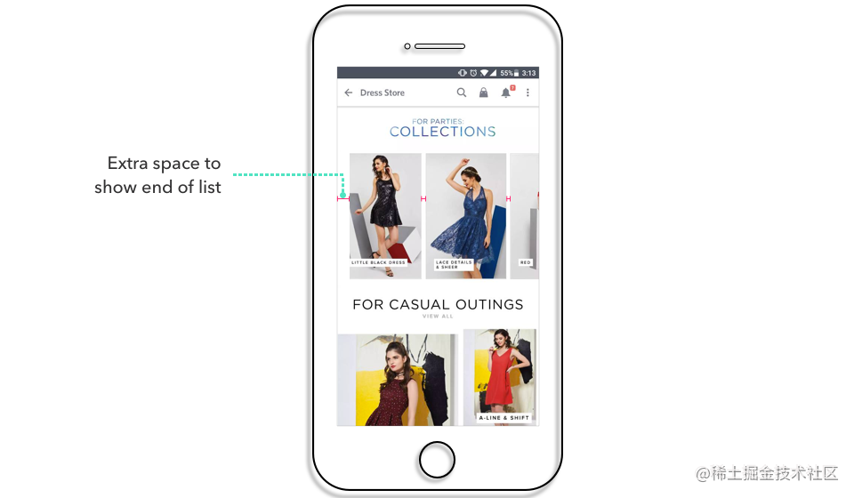 Example of horizontal scrolling with extra space at the end (screenshots from Myntra app)
