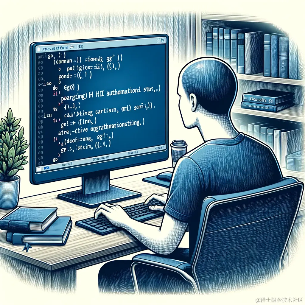 DALL·E 2024-01-02 21.30.23 - A detailed illustration of a person sitting in front of a computer, writing code in Go language within the Gin framework. The screen displays a functi.png