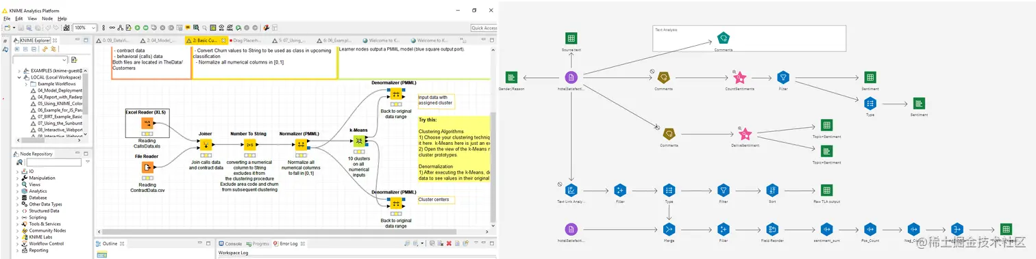 流构建器接口示例：Knime（左边）, IBM SPSS Modeler（右边）