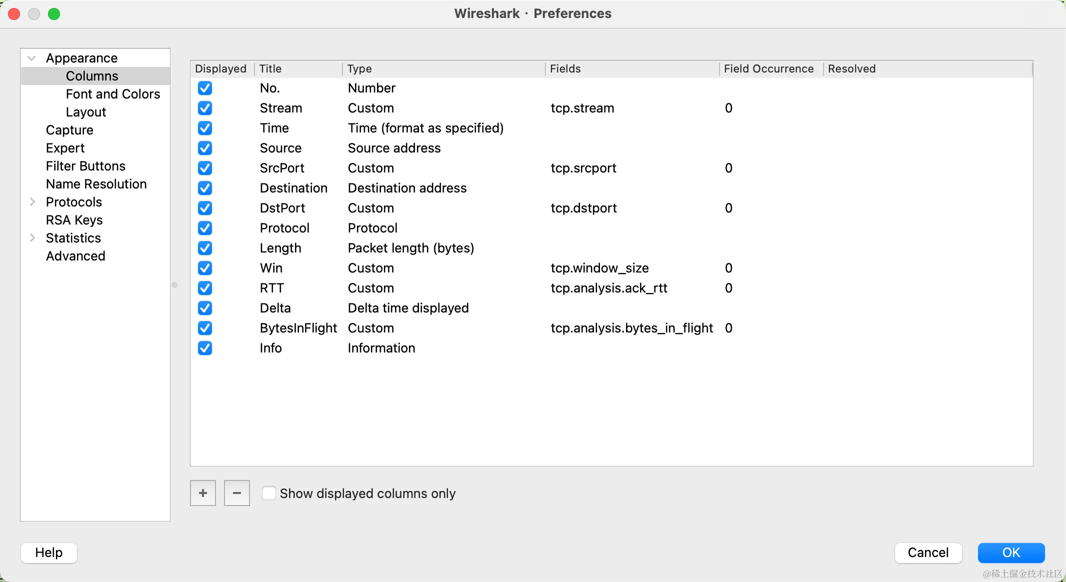 图03、wireshark 列配置