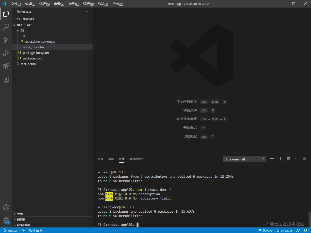 安装react-dom成功后的控制台