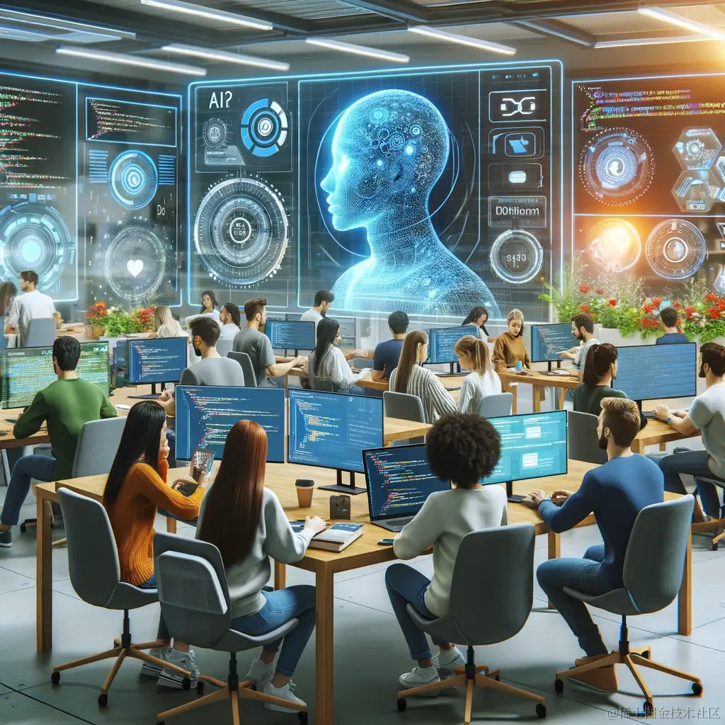 DALL·E 2024-03-11 21.09.20 - A futuristic classroom scene where diverse students are learning front-end development with the aid of an advanced artificial intelligence system. The.webp