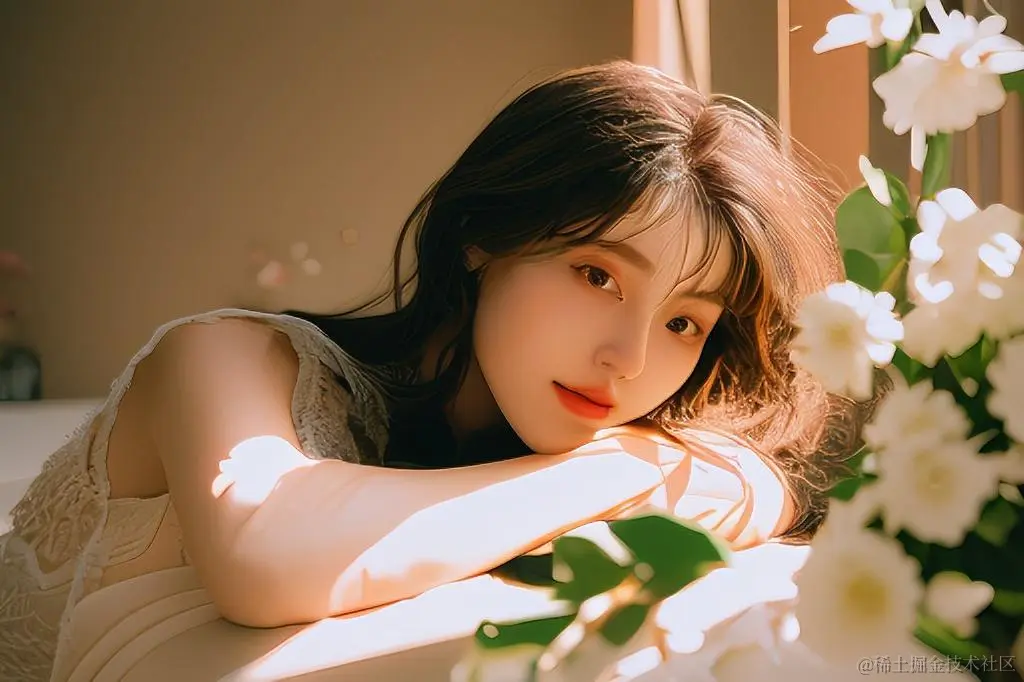 韩系杂志写真，甜美，微笑，干净的妆面，微侧身，白色的裙子，黑色波浪长发，看向镜头，桌面摆放鲜花，女团杂志，韩系画报，韩系，人像摄影，工作室灯光，逼真度细节，细.jpeg
