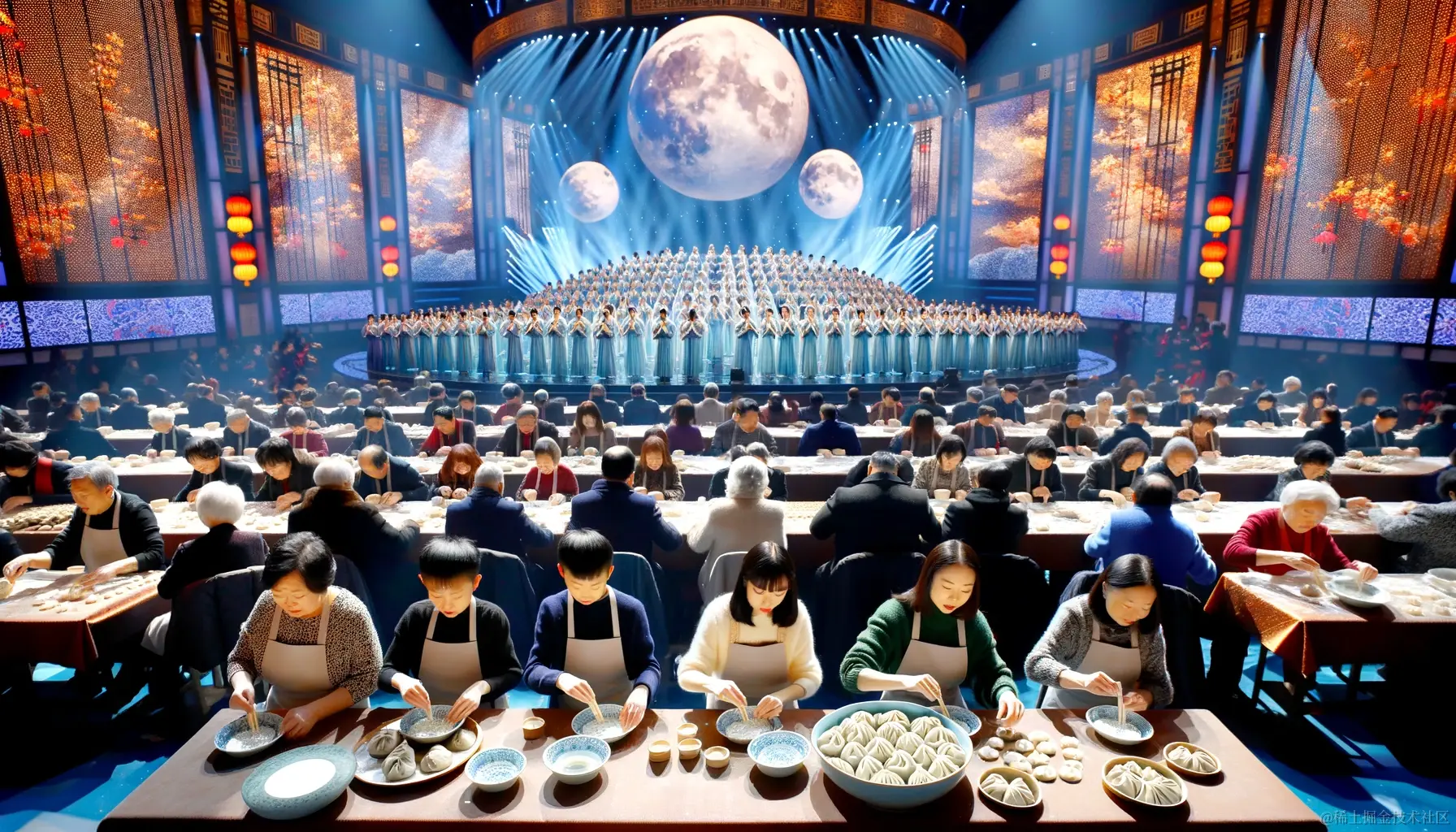 DALL·E 2023-12-19 11.21.05 - The grand finale of the Chinese Spring Festival Gala, featuring the iconic song 'Unforgettable Tonight' ('Nan Wang Jin Xiao'), with the audience still.png