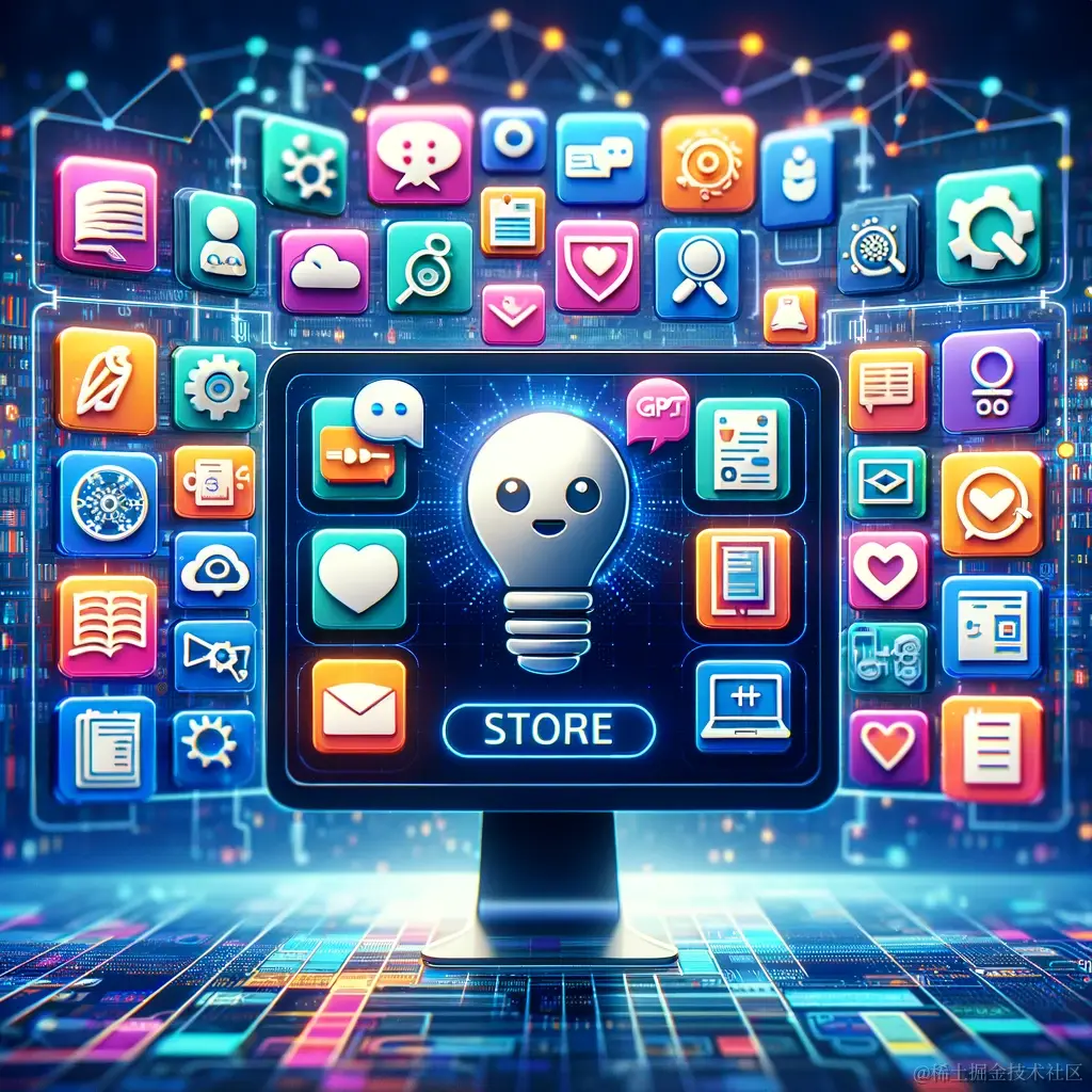 DALL·E 2024-02-25 13.48.33 - Create an image that visualizes the concept of the GPT Store by OpenAI, showcasing a digital marketplace where developers can share and monetize their.webp