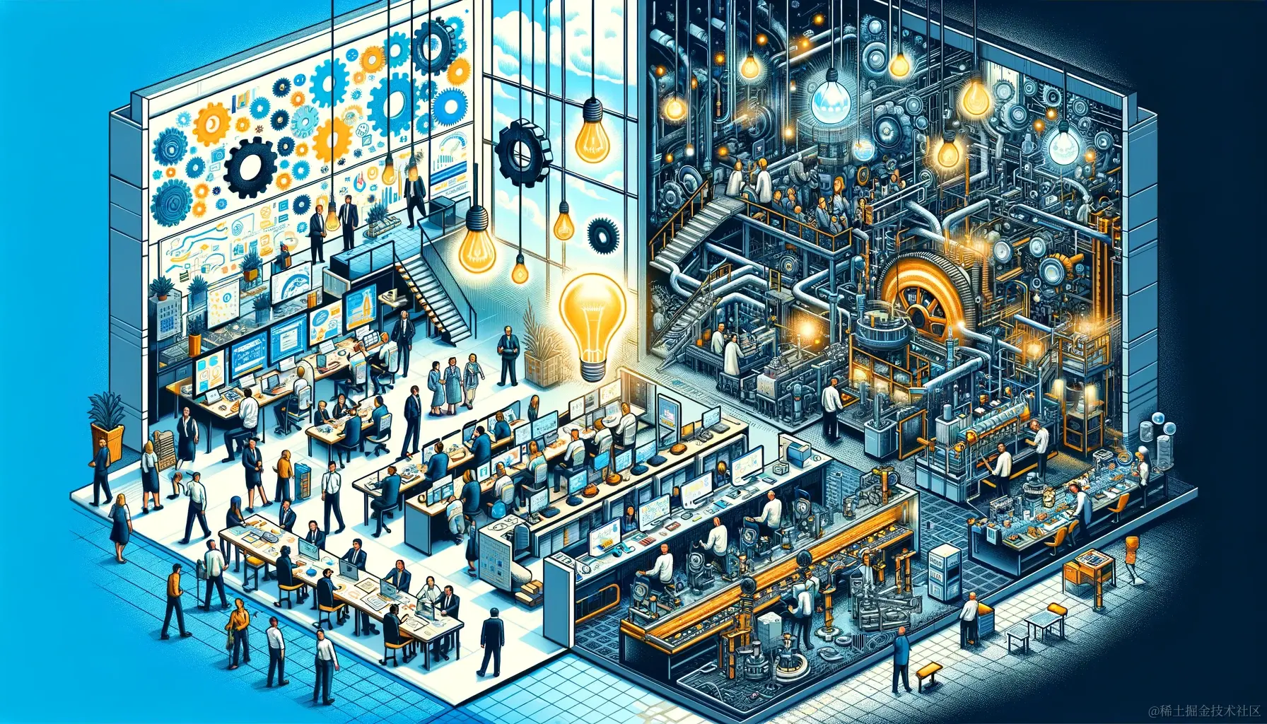 DALL·E 2024-03-12 21.40.25 - Create a detailed illustration that contrasts a Knowledge Organization and a Production Organization. On one side, show a modern, vibrant office space.webp