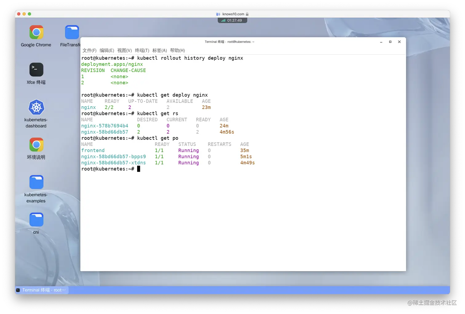 Check the rollout history and confirm that the replicas are OK.