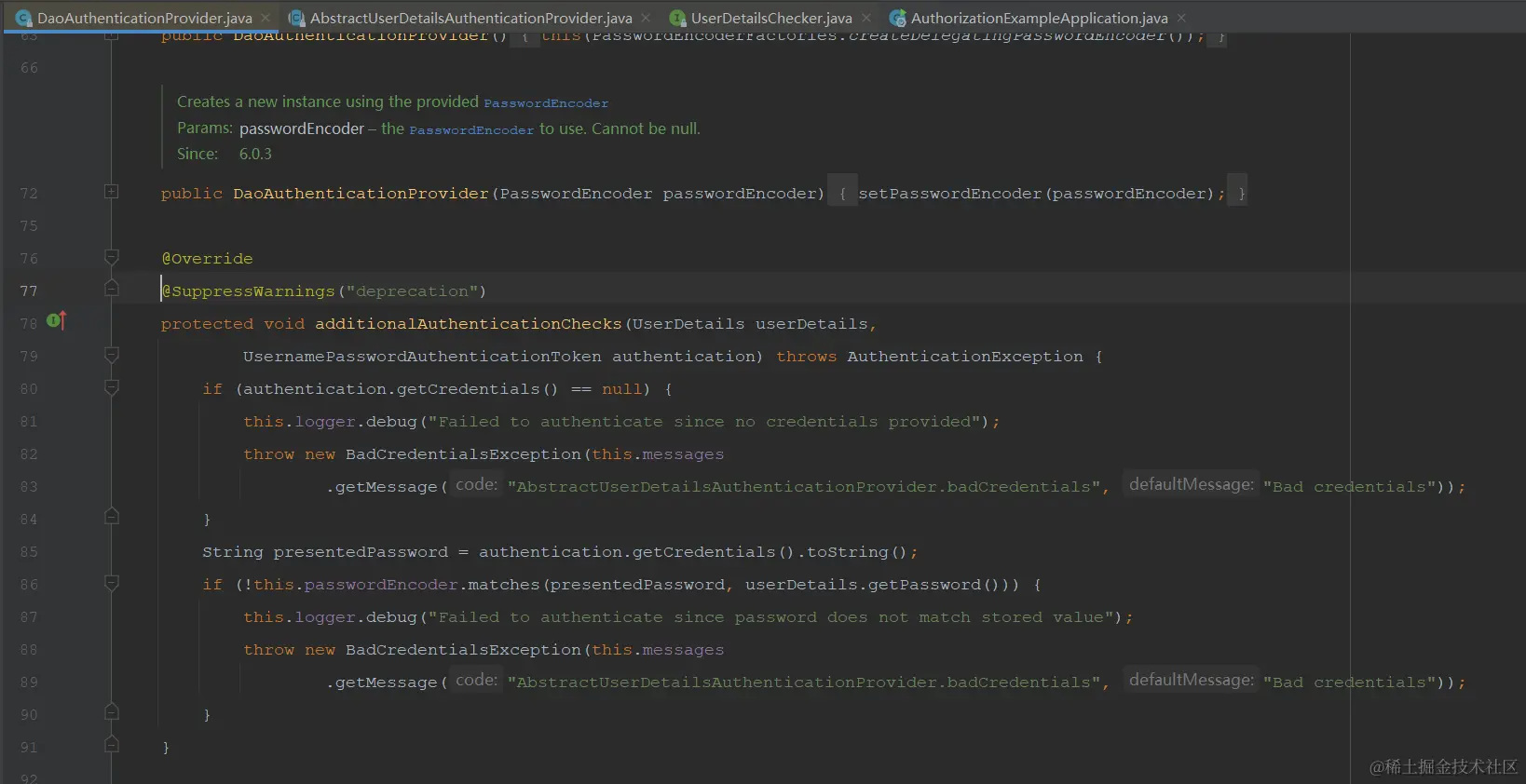 DaoAuthenticationProvider类中对于additionalAuthenticationChecks的实现