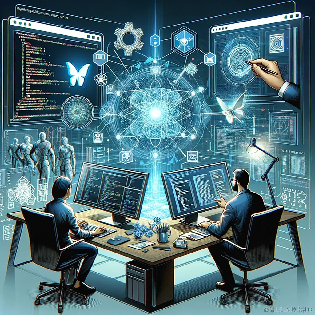 DALL·E 2024-02-05 09.56.29 - An illustration showcasing the critical roles and interactions between a software architect and a generative AI expert in the era of digital transform.webp