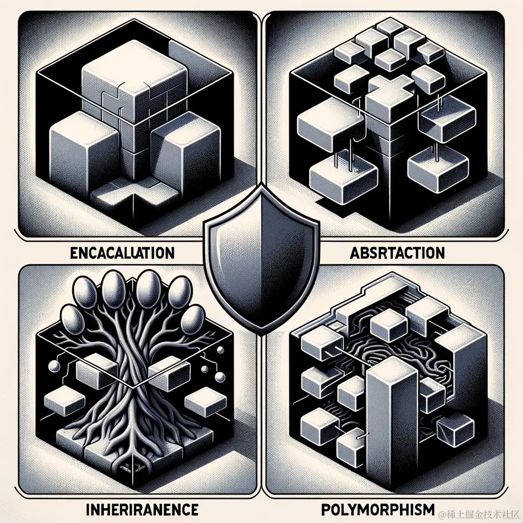 DALL·E 2024-01-20 00.04.57 - A conceptual illustration showing the four fundamental characteristics of Object-Oriented Programming_ Encapsulation, Abstraction, Inheritance, and Po.png