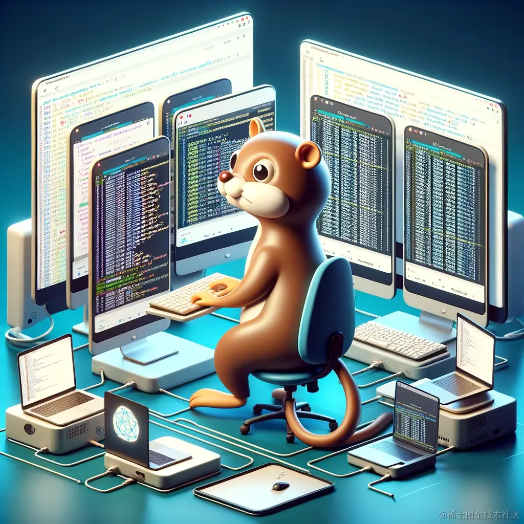DALL·E 2023-11-28 22.50.42 - A conceptual illustration showing Go programming language's gopher mascot working on multiple computers, each representing a goroutine, in a networked.png