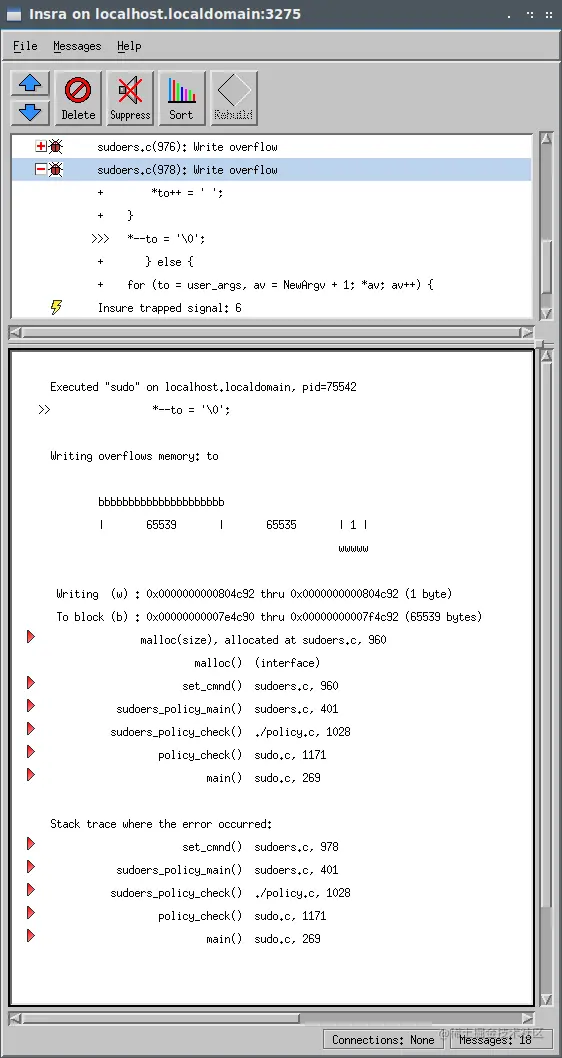 CVE-2021-3156的Insure++ sudoers.c(978)写溢出的屏幕捕获
