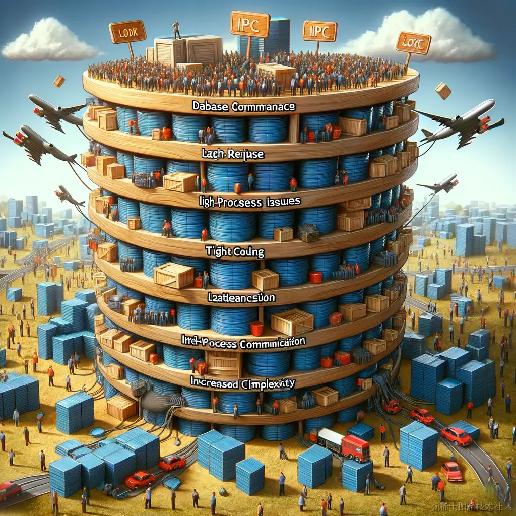 DALL·E 2023-12-10 15.59.53 - A conceptual illustration depicting the pitfalls of using a database for inter-process communication (IPC) in software systems. The image should show .png