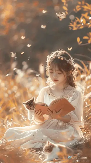 imageinput_微风轻轻地吹，一个小女孩坐在地上看书，小猫围在小女孩身上，小女孩周围有蝴蝶在飞舞_2024-04-12.gif