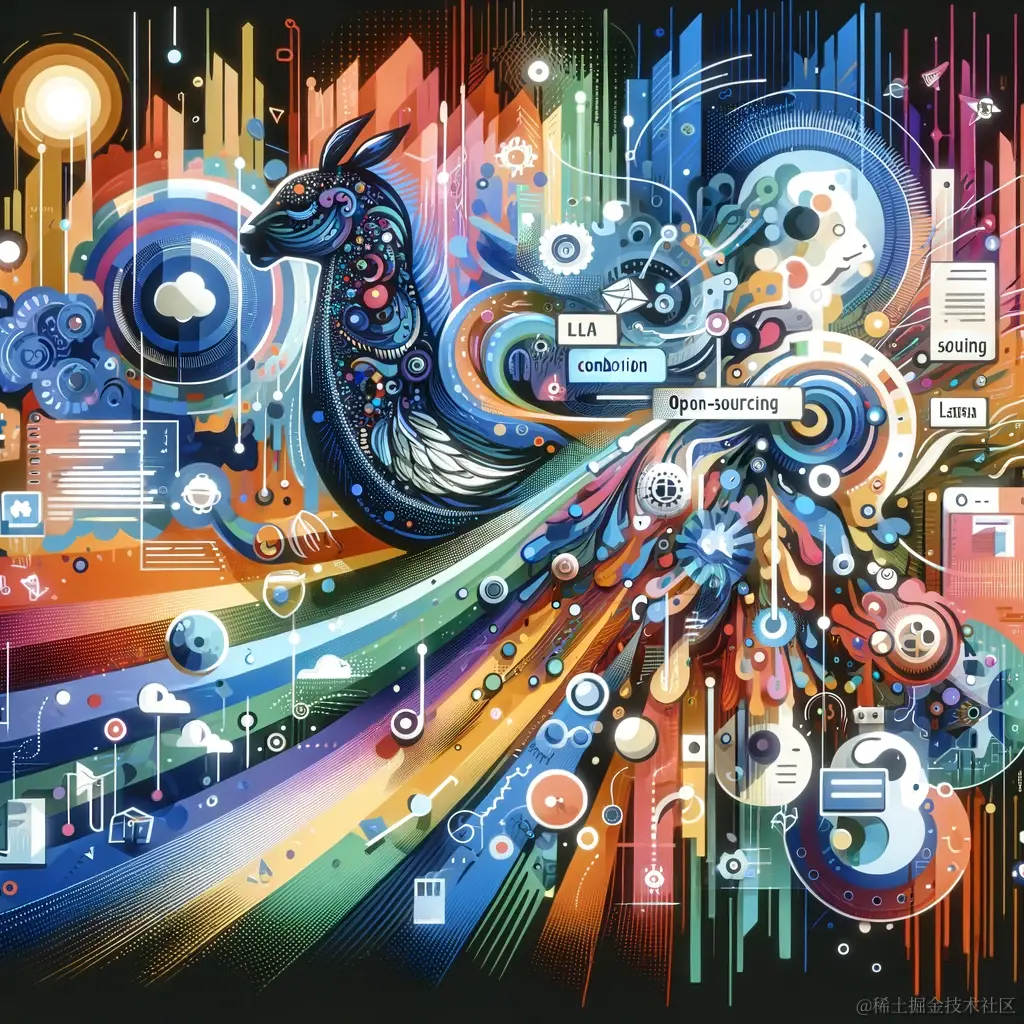 DALL·E 2024-03-16 22.33.41 - An abstract illustration showing the impact of open-sourcing Llama on AI technology development. The image should depict various elements such as inno.webp