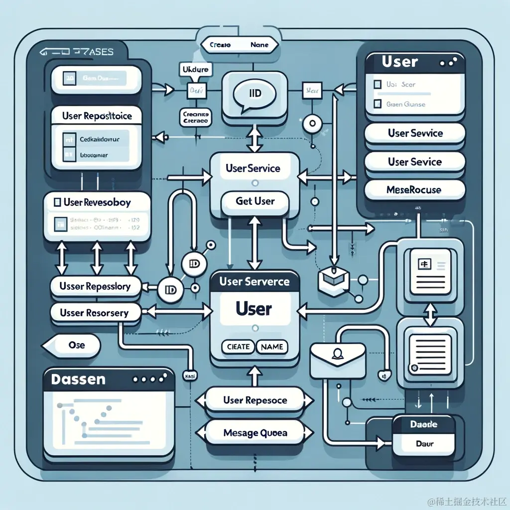 DALL·E 2023-12-19 22.37.01 - UML diagram of a reactive microservices architecture in Go. The diagram includes a UserService class with methods CreateUser and GetUser, a User class.png