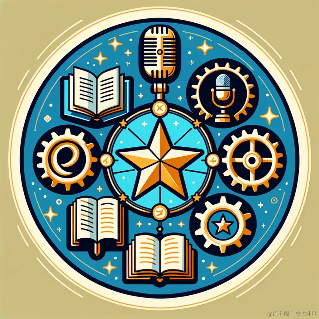 DALL·E 2024-01-21 15.49.55 - A symbolic illustration for an article on content creation, featuring four elements_ a book representing knowledge and skills, a microphone symbolizin.png