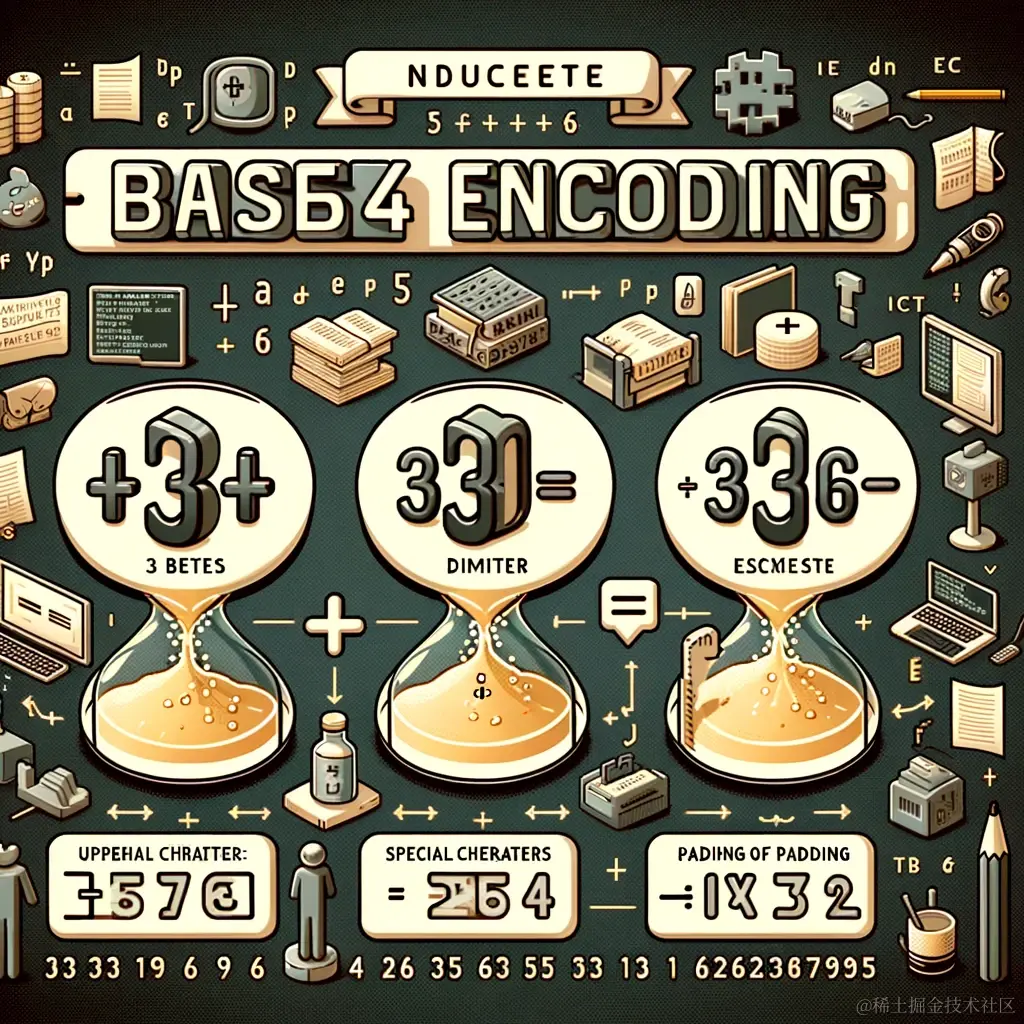 DALL·E 2024-01-17 20.59.57 - An informative illustration showing the process of Base64 encoding. It should visually depict how three bytes of binary data are converted into four A.png
