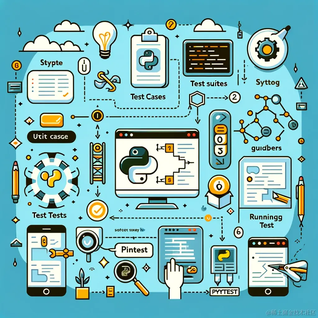 DALL·E 2023-11-14 22.16.45 - Infographic illustrating the basic process and concepts of Python unit testing. The graphic should show key elements like test cases, test suites, tes.png