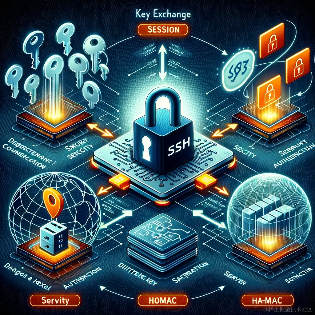 DALL·E 2023-12-25 21.54.56 - A detailed illustration of SSH protocol components featuring three distinct sections. On the left, visualize the Key Exchange (Kex) process with digit.png