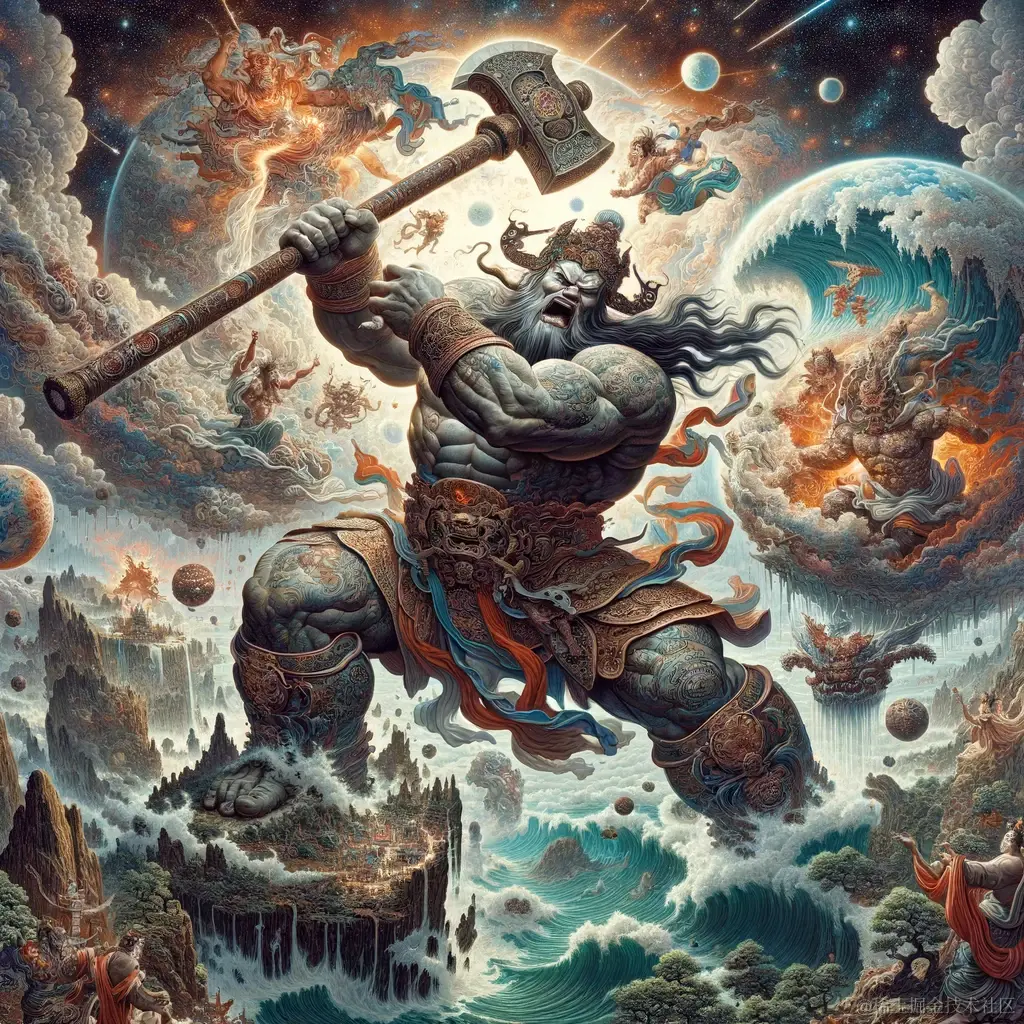 DALL·E 2024-01-24 17.26.15 - An epic and powerful illustration of the Chinese creation myth of Pangu separating heaven and earth. In the center of the image, Pangu, a colossal and.png