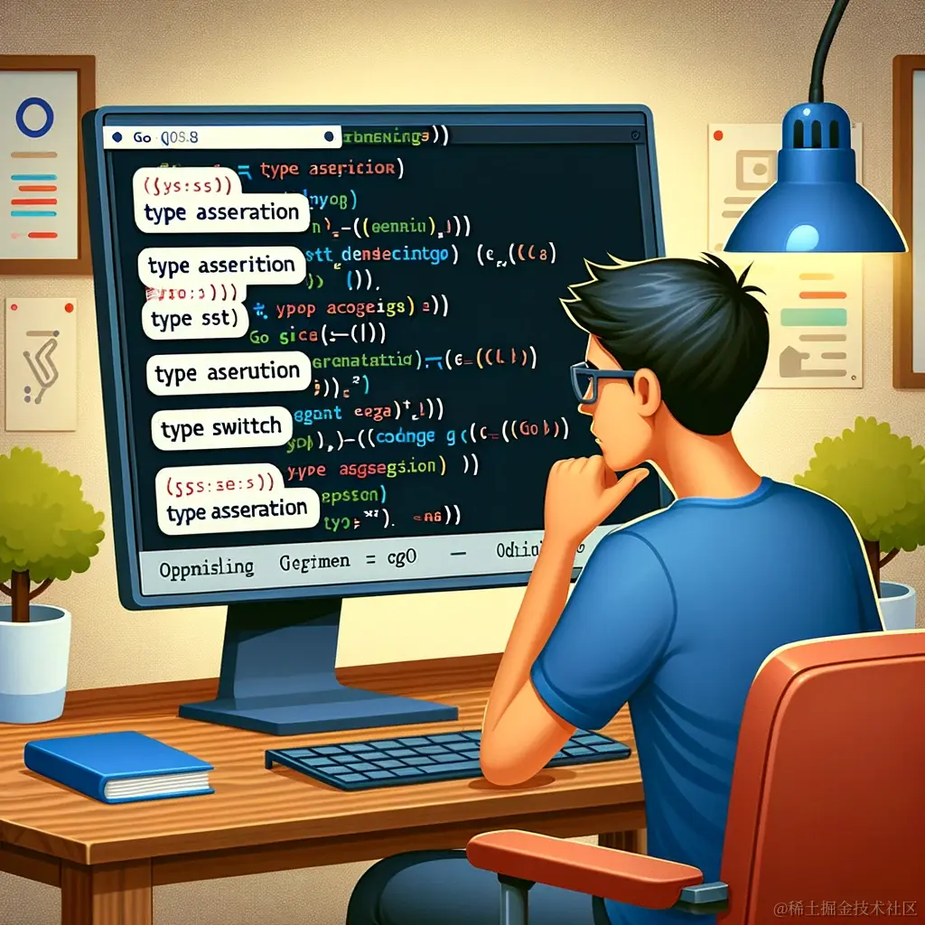 DALL·E 2023-11-30 22.23.07 - A digital illustration showing a Go programmer working on a computer screen with multiple Go code snippets. The code includes examples of type asserti.png