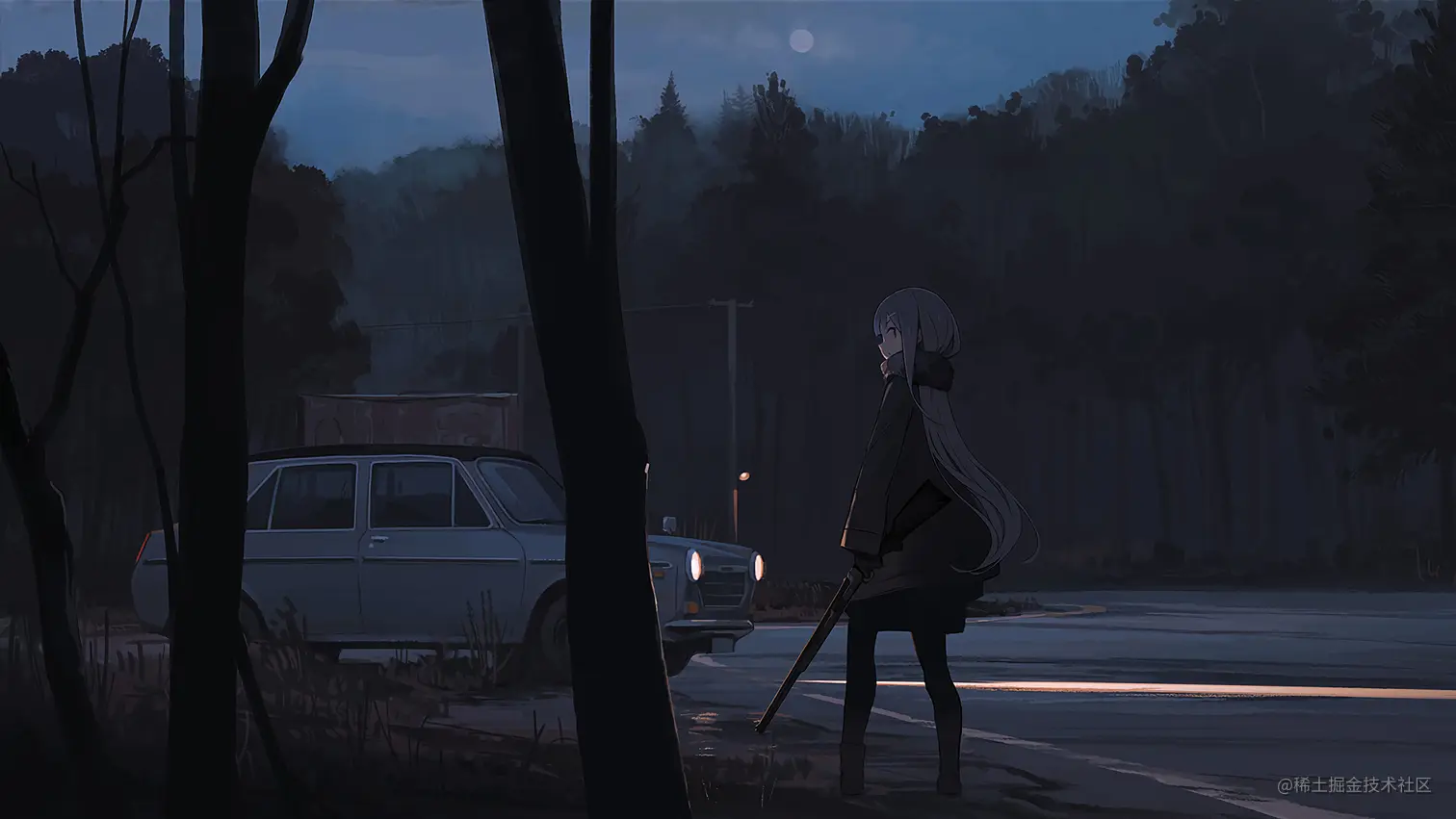 长头发女孩 深色背景 晚上 森林 汽车 路边 4k动漫壁纸_彼岸图网.jpg