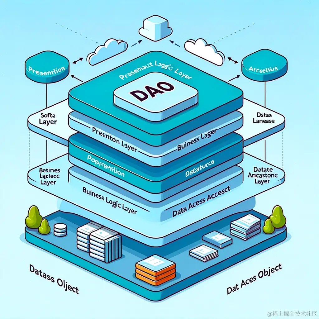 DALL·E 2024-02-24 22.30.32 - Illustration showing the concept of Data Access Object (DAO) in software architecture. The image should depict a layered architecture with three main .webp