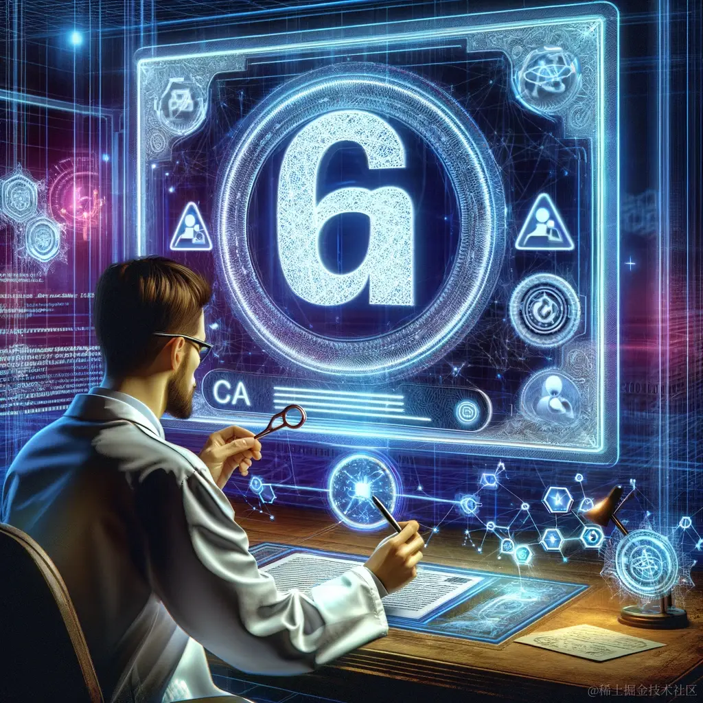 DALL·E 2023-12-29 22.06.59 - an intricate digital illustration of a person in a lab coat creating a digital certificate, with a large, glowing 'CA' symbol in the background and co.png