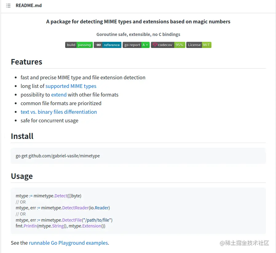 Go获取文件的MIME类型在日常开发中经常会用到检查文件类型 MIME 的功能，以此来判断文件类型是否满足条件。Go提供 掘金