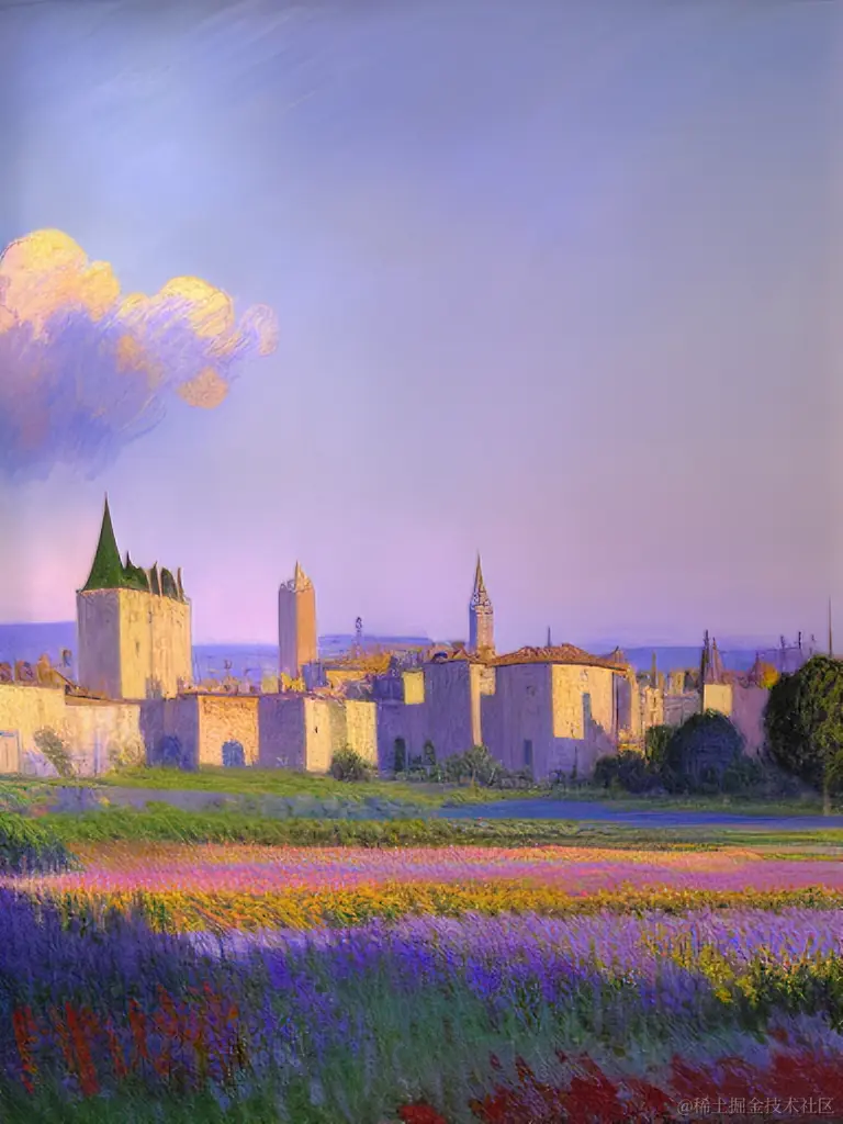 莫奈的油画，夏天的晚霞，城堡，柔和的色彩，蓝色，紫色，柔光，日落，梦霞，乔治莫兰迪.png