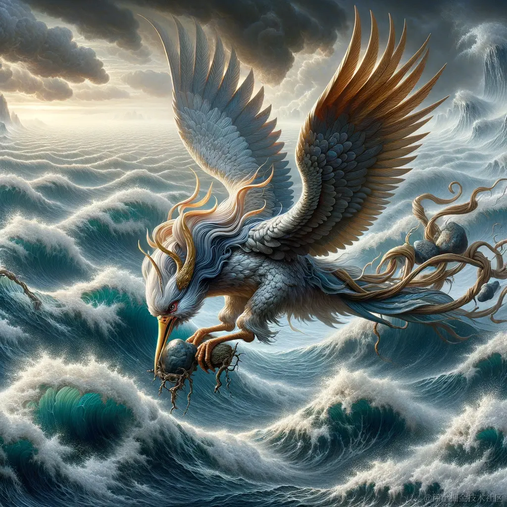 DALL·E 2024-01-24 17.26.11 - A captivating and imaginative depiction of the Chinese myth of Jingwei filling the sea. Jingwei, a determined and resilient bird, is shown in the mids.png