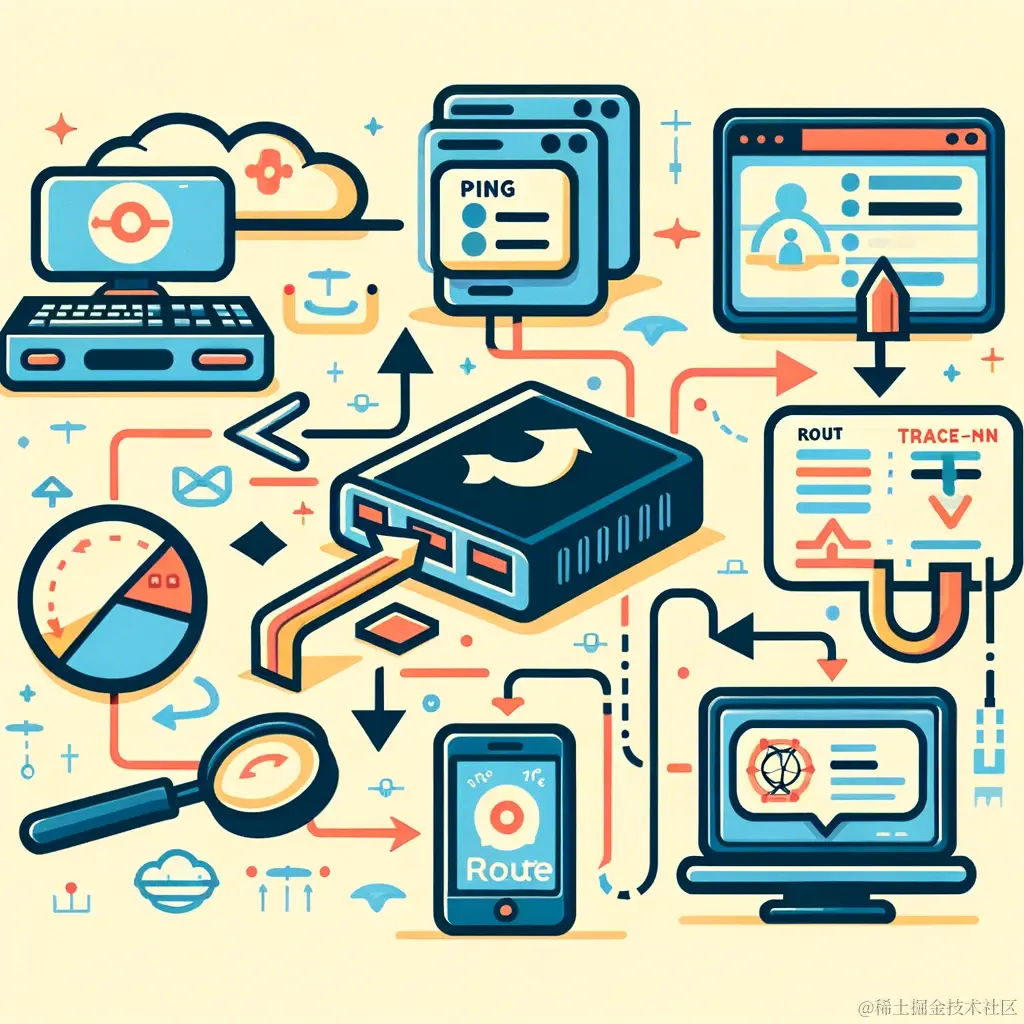 DALL·E 2023-11-25 15.12.47 - Create an educational illustration showing the process of diagnosing server connectivity issues in Linux. Include icons representing a Linux computer,.png