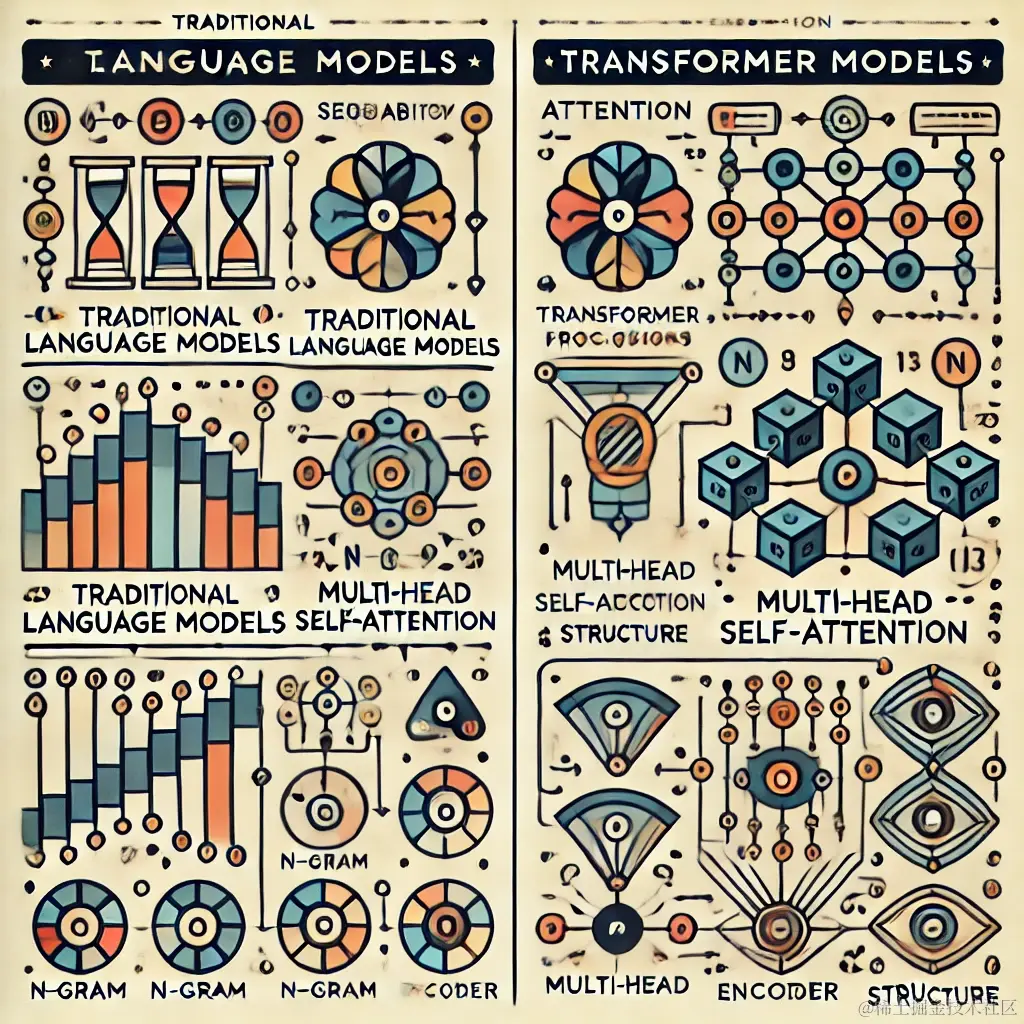 DALL·E 2024-07-08 22.17.30 - A detailed illustration comparing traditional language models and transformer models in natural language processing. The left side shows traditional l.webp