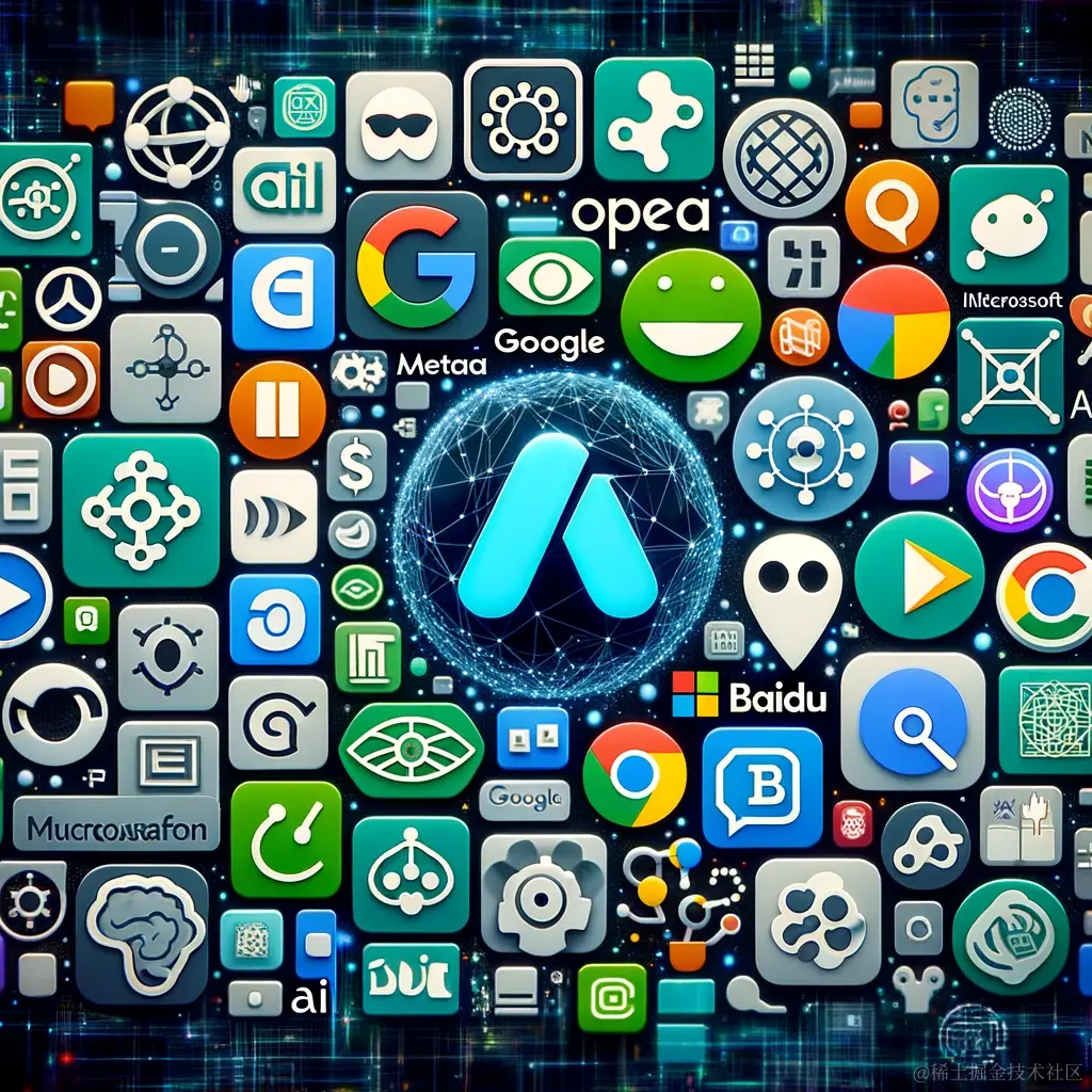 DALL·E 2023-12-24 14.25.41 - A comprehensive collage featuring logos or symbols of renowned AI models from companies like OpenAI, Google, Meta, Baidu, Microsoft, and NVIDIA, showi.png