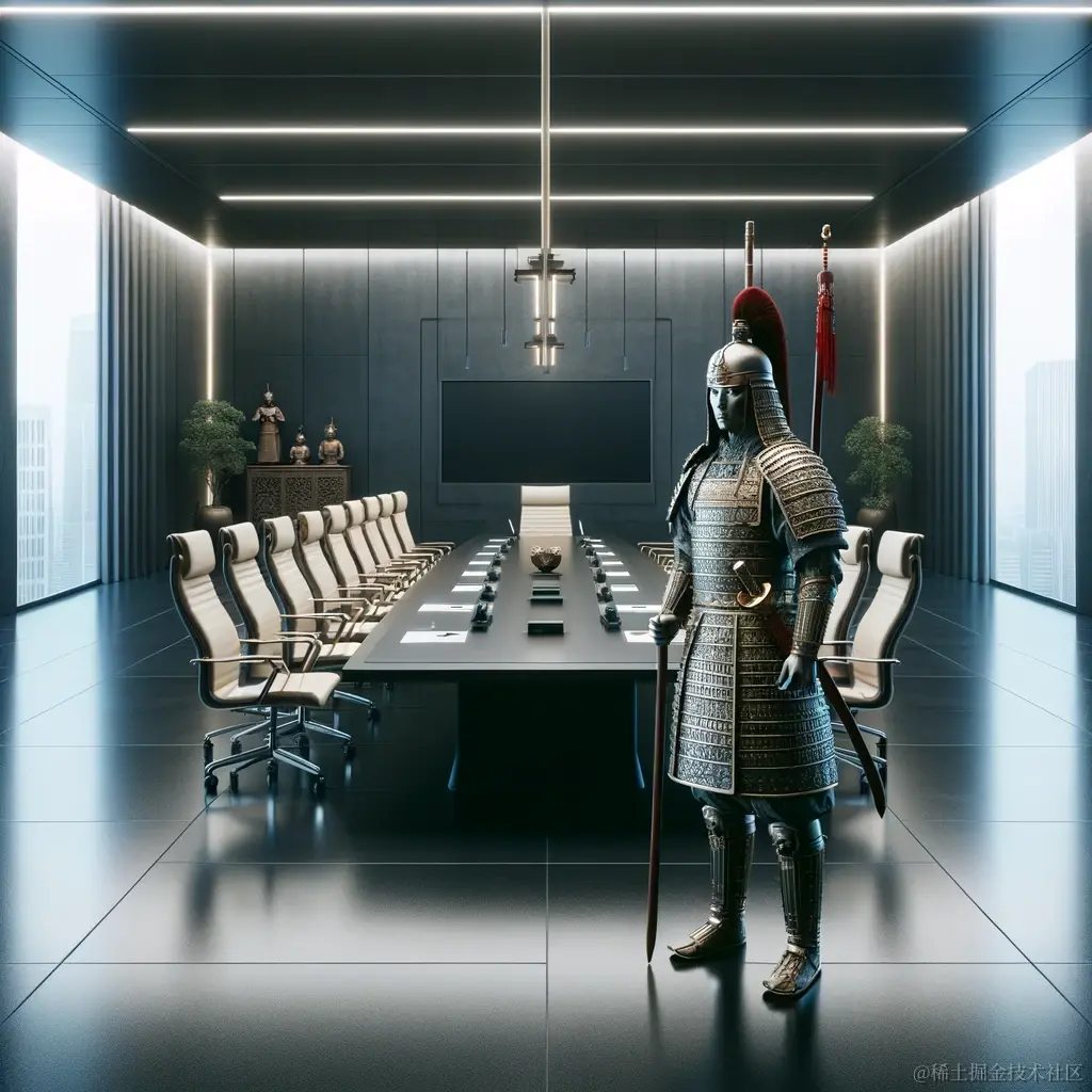 DALL·E 2024-01-15 15.13.20 - A creative and anachronistic interpretation of the Chinese concept 'A single soldier going to a meeting,' set in a modern context. Picture a lone warr.png