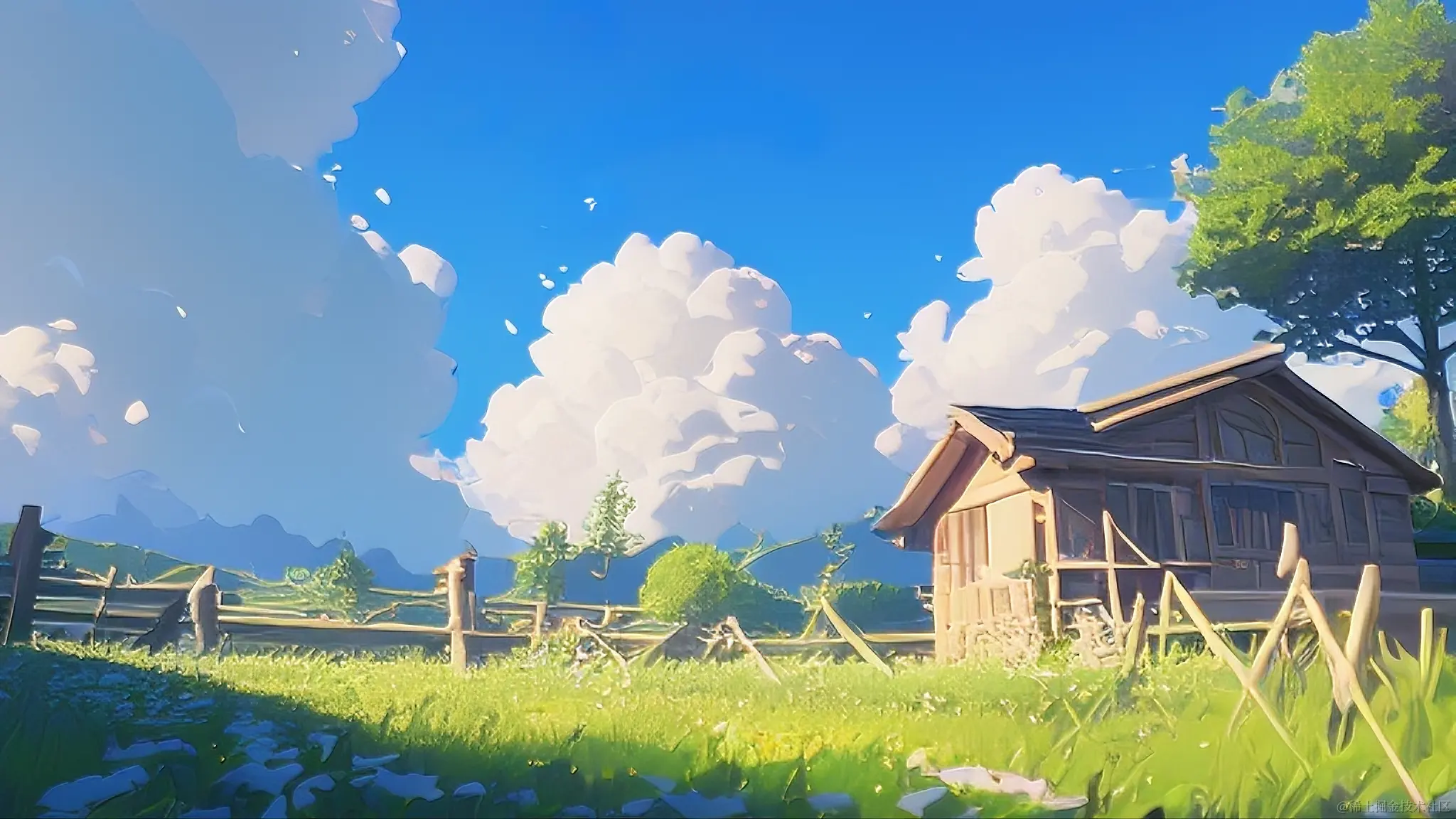 新海诚，乡村田野，小房子，晴天，浪漫色彩，蓝天白云，复杂细节，超高清画质，柔和的画质.png