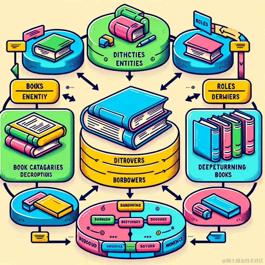 DALL·E 2024-01-26 21.32.36 - A colorful UML diagram illustrating the principles of Object Modeling in Color. The diagram includes different elements of a library management system.png