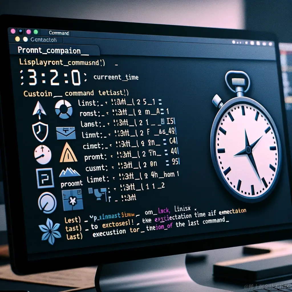 DALL·E 2023-12-29 22.35.45 - A computer terminal displaying various examples of the PROMPT_COMMAND in a Bash shell environment. The screen shows commands for displaying current ti.png