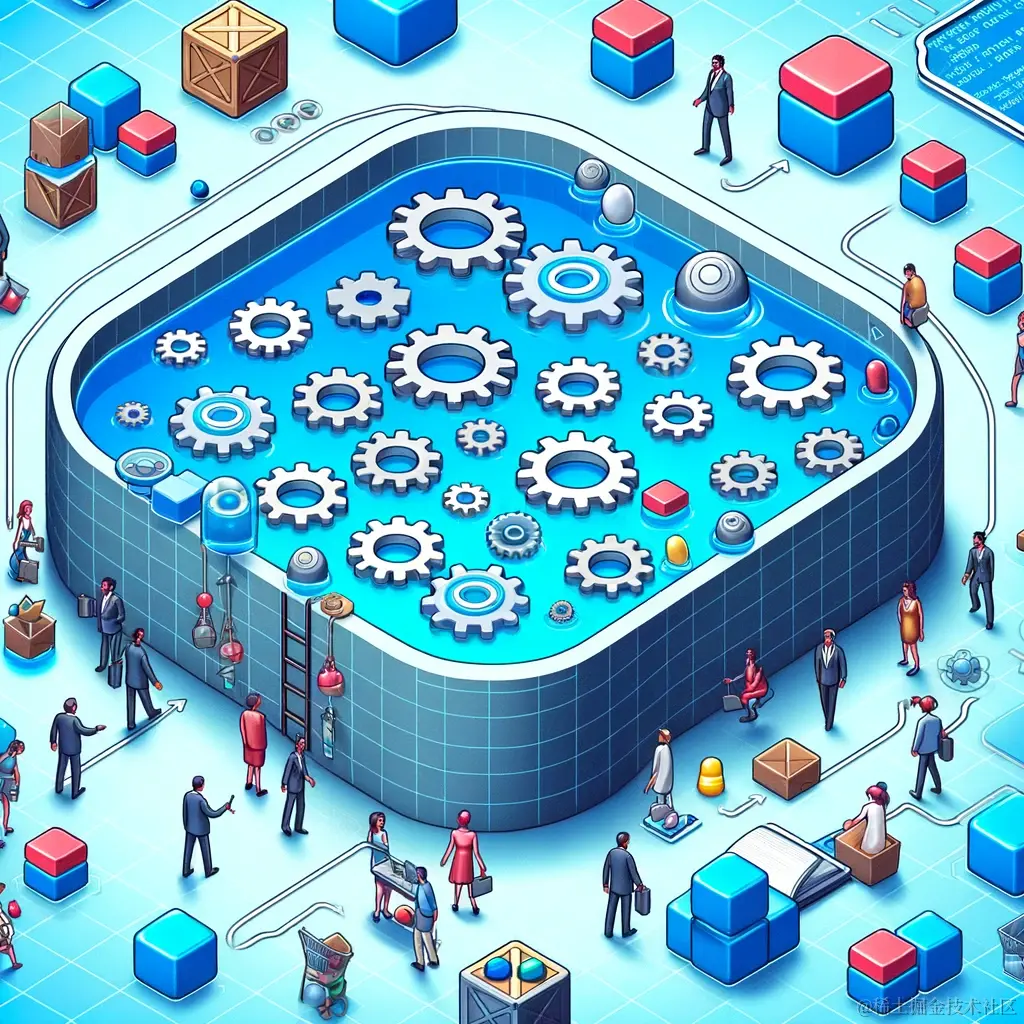 DALL·E 2024-01-07 17.10.48 - An illustration showing the concept of an Object Pool Pattern in software design. The image should depict a pool filled with various objects like gear.png