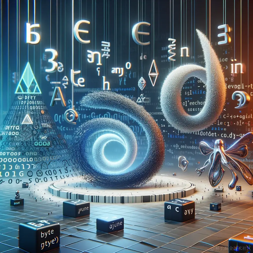 DALL·E 2024-03-19 20.36.13 - An artistic representation of Go language's type aliases concept, featuring symbols or characters for byte, rune, any, and iota arranged creatively. T.webp