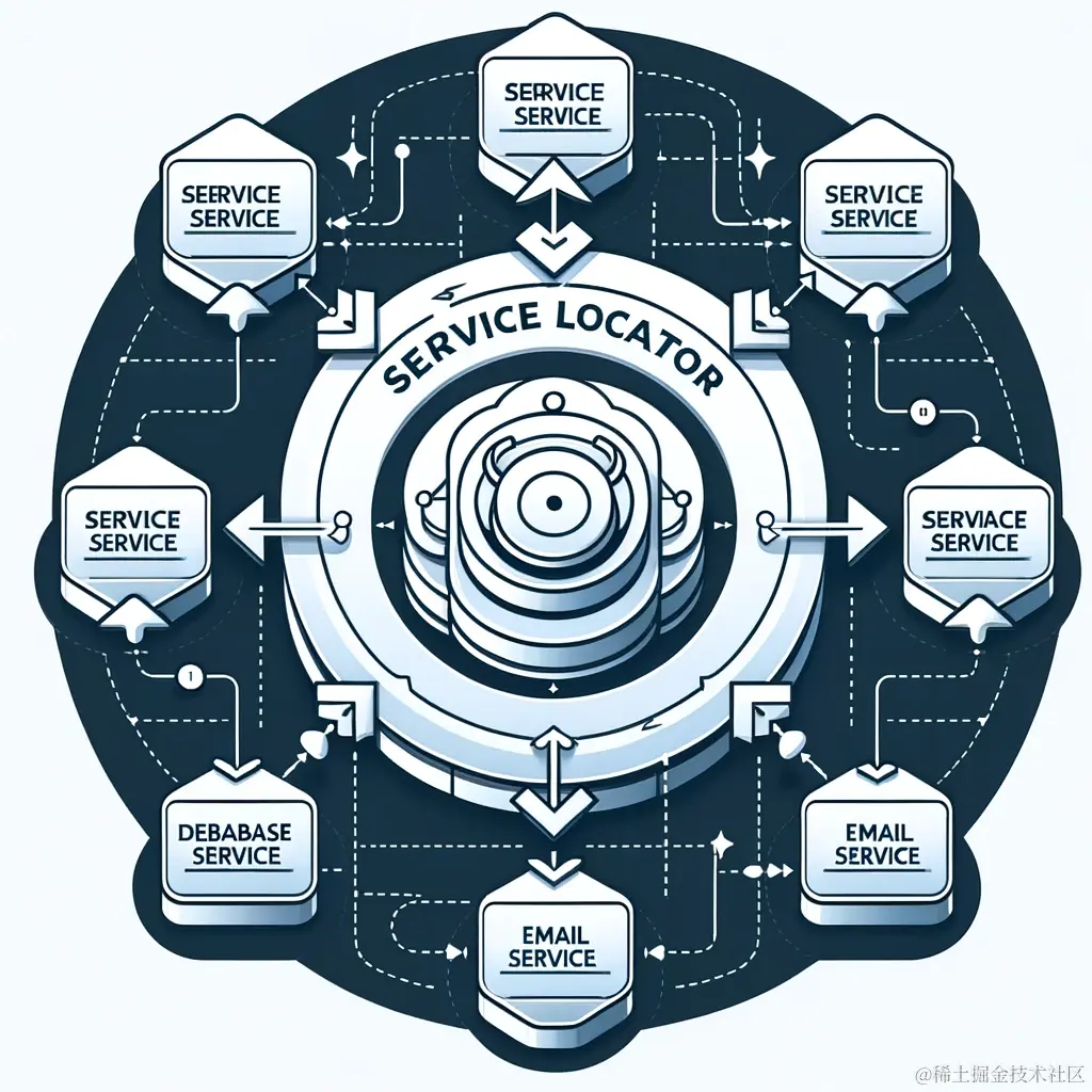 DALL·E 2023-12-16 19.06.58 - Diagram illustrating the Service Locator Pattern in software architecture. The diagram should show a central Service Locator component, with arrows po.png