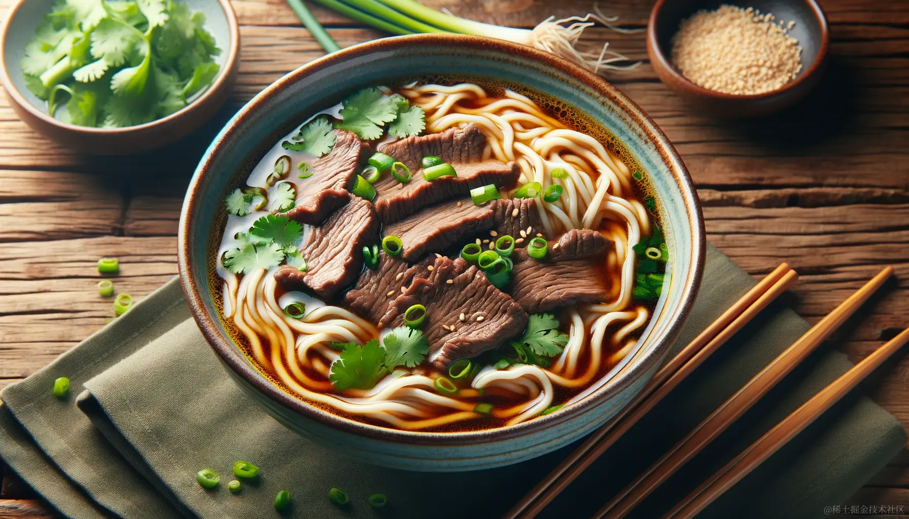 DALL·E 2023-12-23 17.33.20 - A bowl of beef noodles in a 16_9 aspect ratio, featuring a rich, aromatic broth with tender beef slices and perfectly cooked noodles. The dish is prom.png