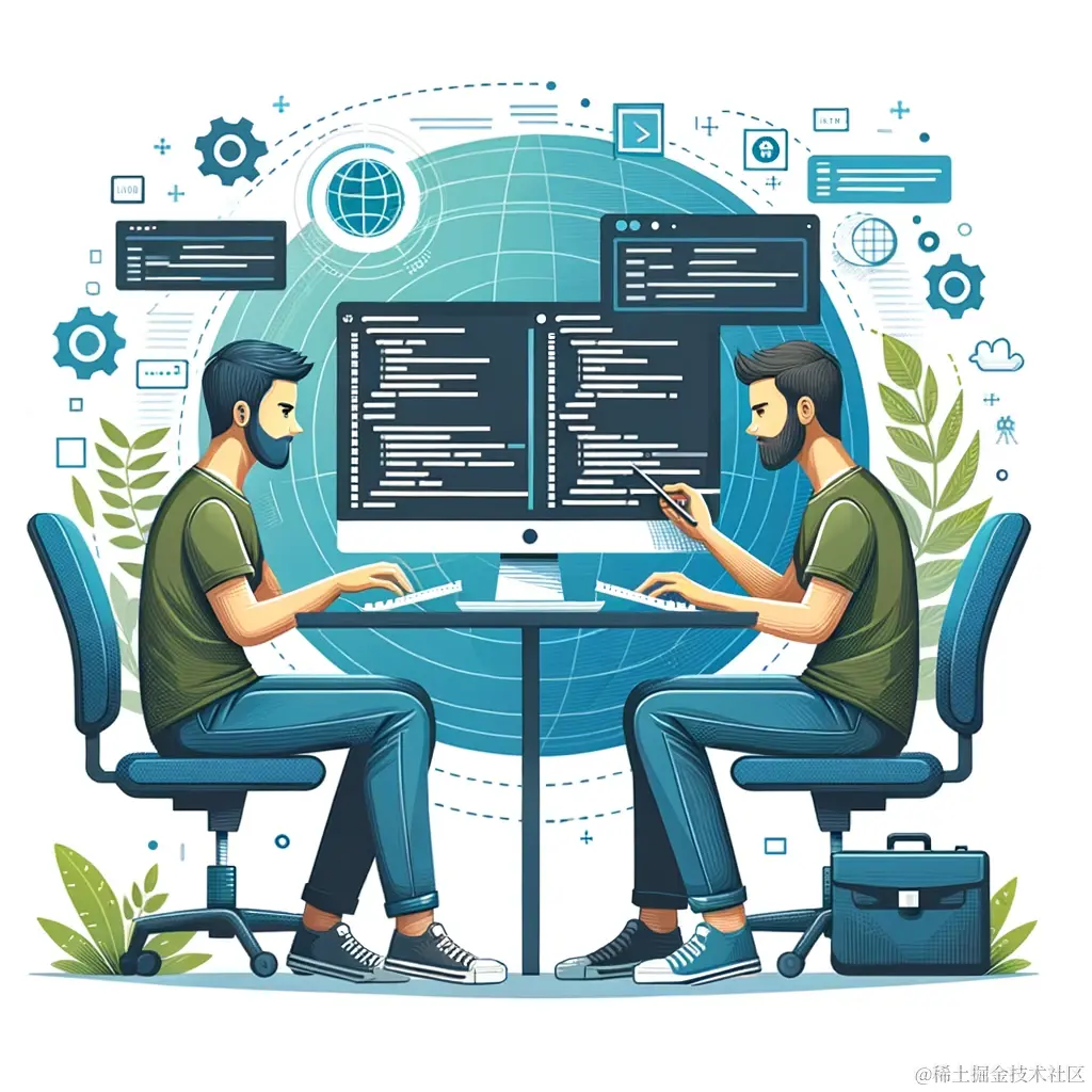 DALL·E 2024-01-31 22.54.53 - An illustration showing two software developers engaged in pair programming. They are sitting together in front of a single computer, with one typing .png