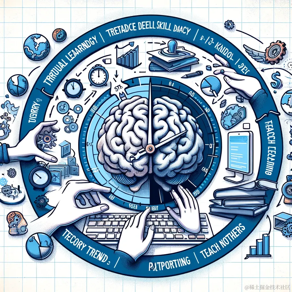 DALL·E 2024-01-28 22.14.43 - An illustrative diagram showing the concept of skill mastery and decay, and strategies to combat skill decay in the tech industry. The diagram should .png